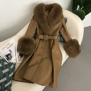 cold weather outfits Joskaa 2024 New Women's Leather Jacket With Fox Fur Collar Long Fashionable Elegant Waist-Fitted Sheepskin Overcoat For Autumn/Winter