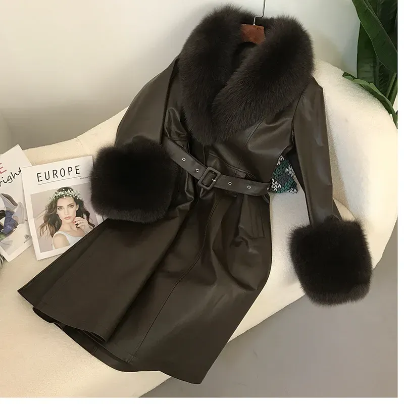 cold weather outfits Joskaa 2024 New Women's Leather Jacket With Fox Fur Collar Long Fashionable Elegant Waist-Fitted Sheepskin Overcoat For Autumn/Winter