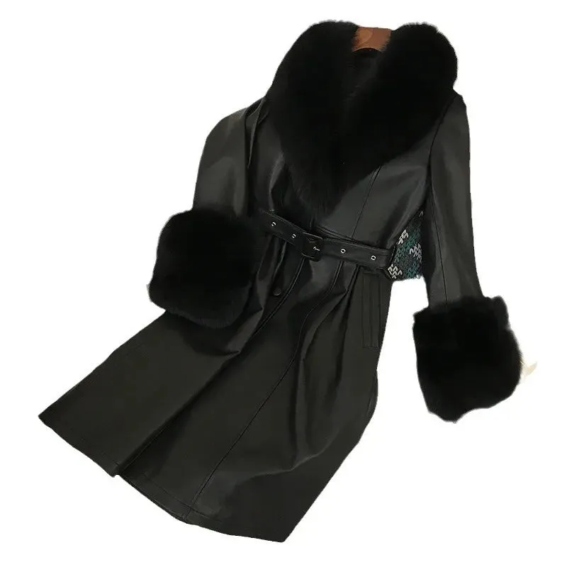 cold weather outfits Joskaa 2024 New Women's Leather Jacket With Fox Fur Collar Long Fashionable Elegant Waist-Fitted Sheepskin Overcoat For Autumn/Winter