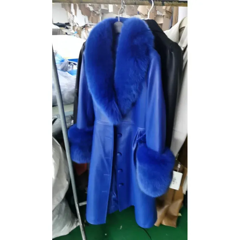 cold weather outfits Joskaa 2024 New Women's Leather Jacket With Fox Fur Collar Long Fashionable Elegant Waist-Fitted Sheepskin Overcoat For Autumn/Winter