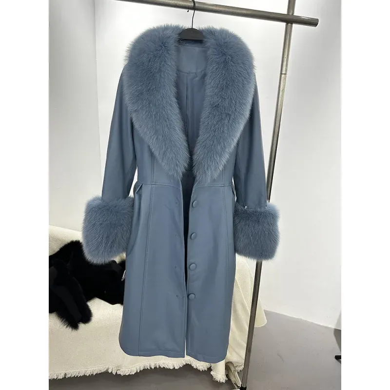 cold weather outfits Joskaa 2024 New Women's Leather Jacket With Fox Fur Collar Long Fashionable Elegant Waist-Fitted Sheepskin Overcoat For Autumn/Winter