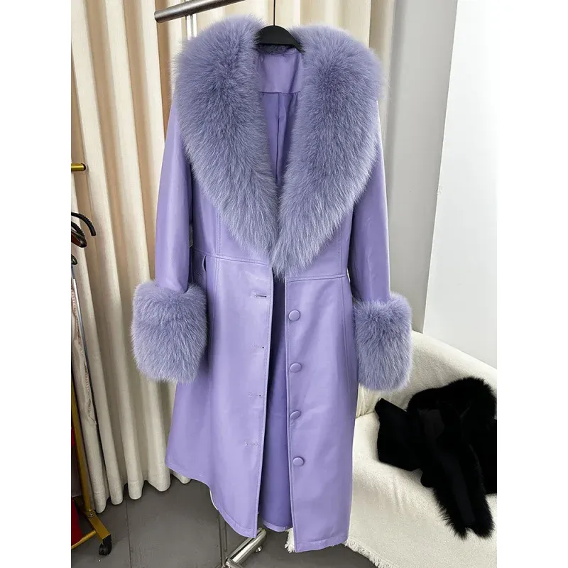cold weather outfits Joskaa 2024 New Women's Leather Jacket With Fox Fur Collar Long Fashionable Elegant Waist-Fitted Sheepskin Overcoat For Autumn/Winter
