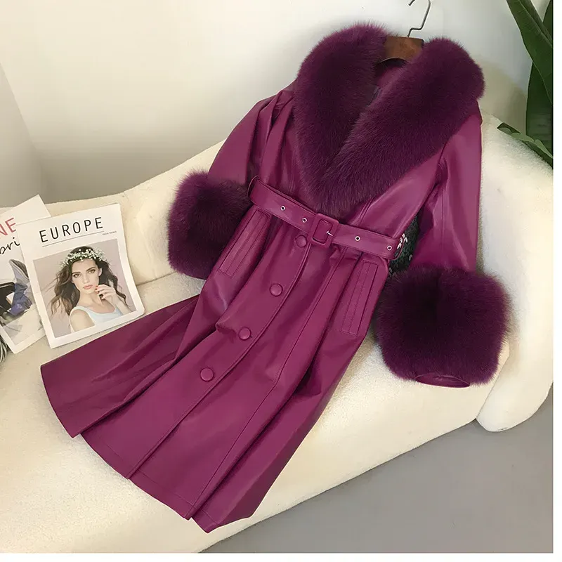 cold weather outfits Joskaa 2024 New Women's Leather Jacket With Fox Fur Collar Long Fashionable Elegant Waist-Fitted Sheepskin Overcoat For Autumn/Winter
