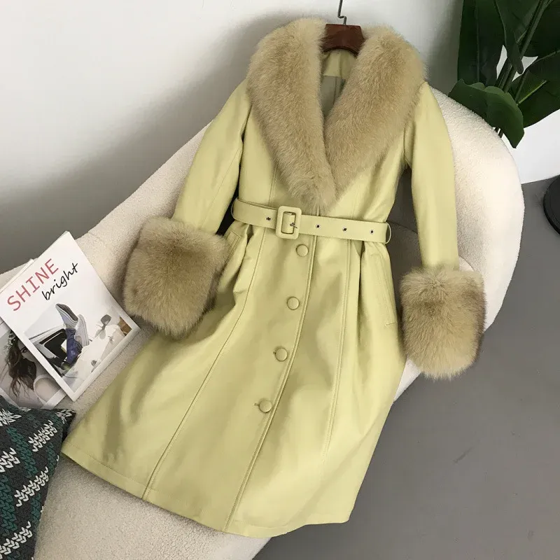 cold weather outfits Joskaa 2024 New Women's Leather Jacket With Fox Fur Collar Long Fashionable Elegant Waist-Fitted Sheepskin Overcoat For Autumn/Winter