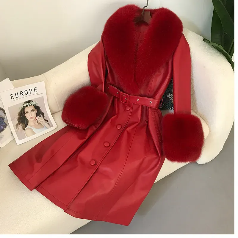 cold weather outfits Joskaa 2024 New Women's Leather Jacket With Fox Fur Collar Long Fashionable Elegant Waist-Fitted Sheepskin Overcoat For Autumn/Winter