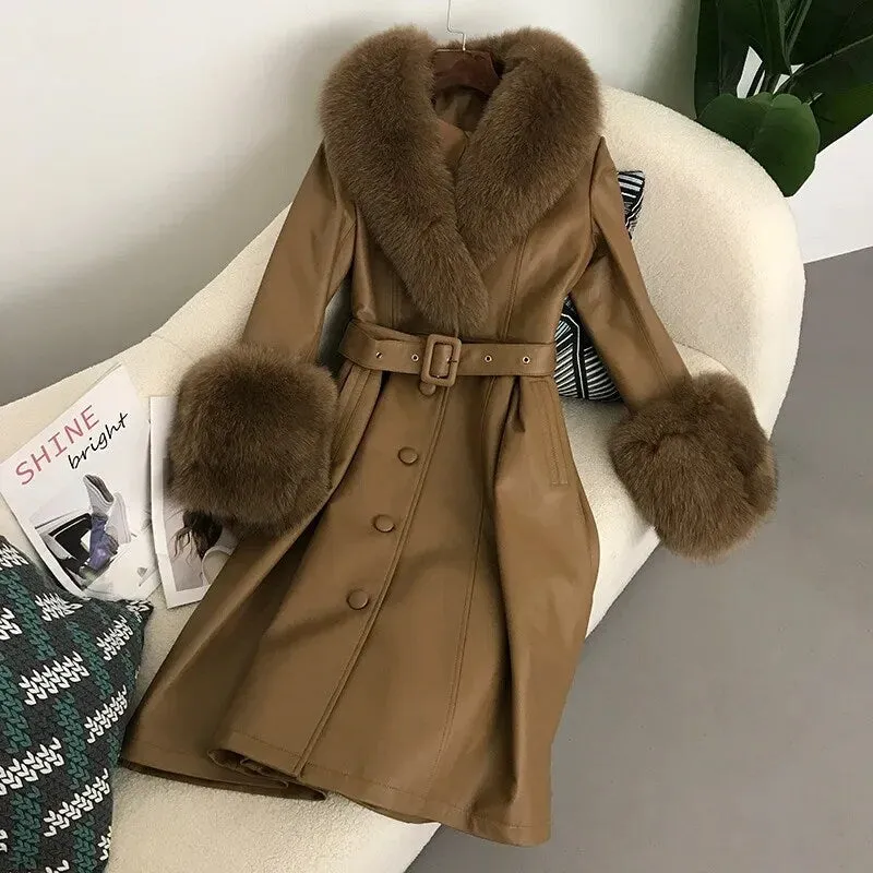 cold weather outfits Joskaa 2024 New Women's Leather Jacket With Fox Fur Collar Long Fashionable Elegant Waist-Fitted Sheepskin Overcoat For Autumn/Winter