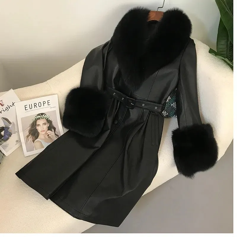 cold weather outfits Joskaa 2024 New Women's Leather Jacket With Fox Fur Collar Long Fashionable Elegant Waist-Fitted Sheepskin Overcoat For Autumn/Winter