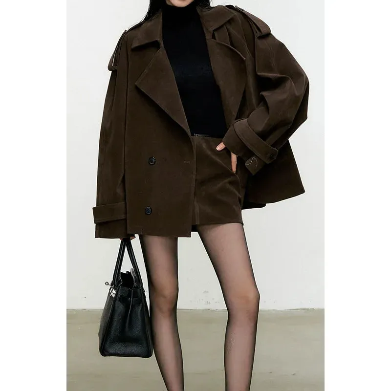cold weather outfits Joskaa Chamois Leather Lapel Windbreaker Jacket And Skirt Set Women's Autumn Sensibility Niche 2-Piece New Arrival From China