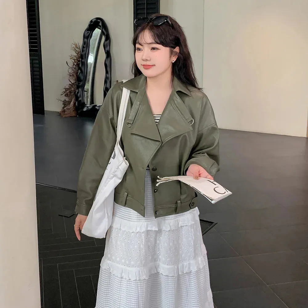 cold weather outfits Joskaa Plus Size Plus Size Women's Leather Jacket Casual Cropped Top For Autumn 2024 Stylish Women's Clothing Sweet Curved Design