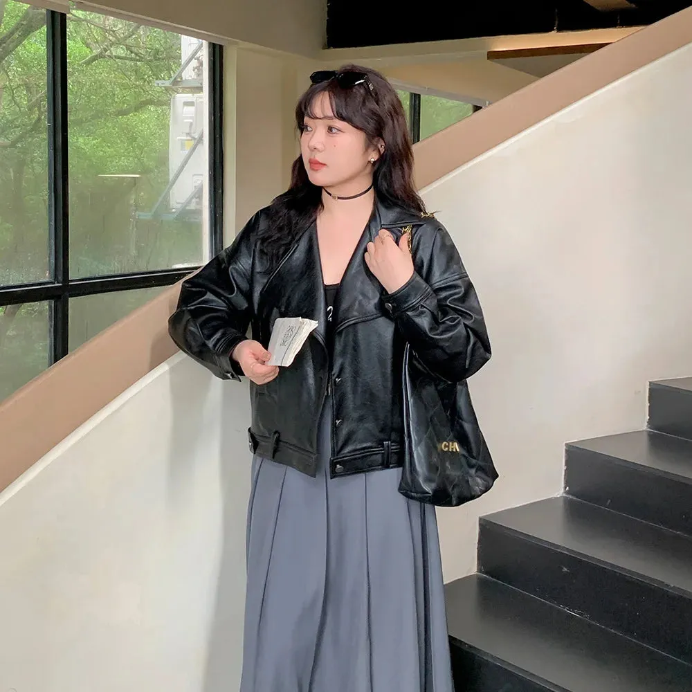 cold weather outfits Joskaa Plus Size Plus Size Women's Leather Jacket Casual Cropped Top For Autumn 2024 Stylish Women's Clothing Sweet Curved Design
