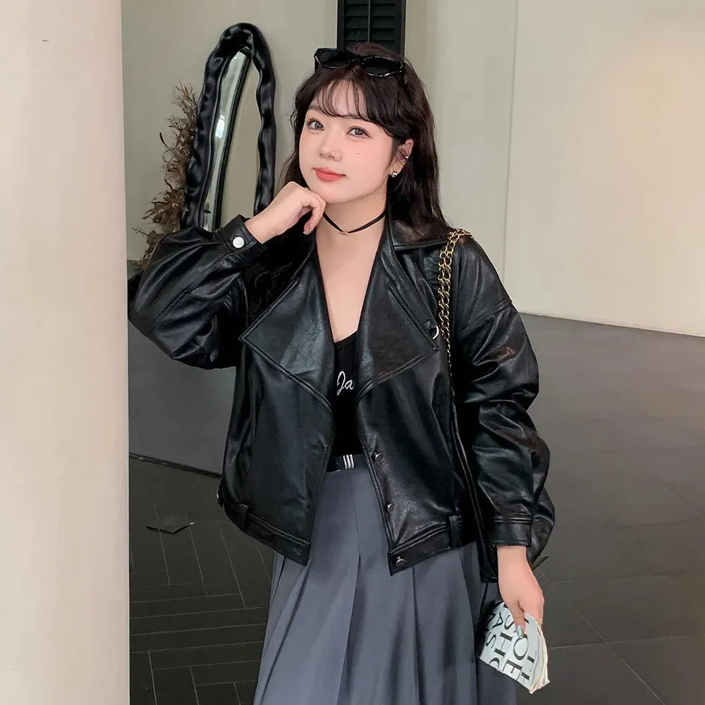 cold weather outfits Joskaa Plus Size Plus Size Women's Leather Jacket Casual Cropped Top For Autumn 2024 Stylish Women's Clothing Sweet Curved Design