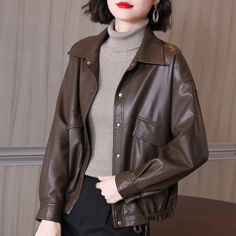 cold weather outfits Joskaa Women's Fashionable Spring Autumn 2024 New Large Size Leather Jacket Casual Style For Middle-Aged And Elderly Mothers