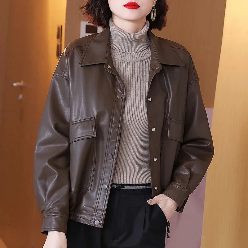 cold weather outfits Joskaa Women's Fashionable Spring Autumn 2024 New Large Size Leather Jacket Casual Style For Middle-Aged And Elderly Mothers