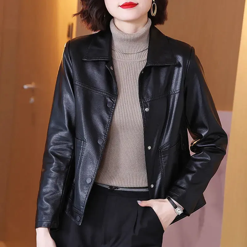 cold weather outfits Joskaa Women's Fashionable Spring Autumn 2024 New Large Size Leather Jacket Casual Style For Middle-Aged And Elderly Mothers