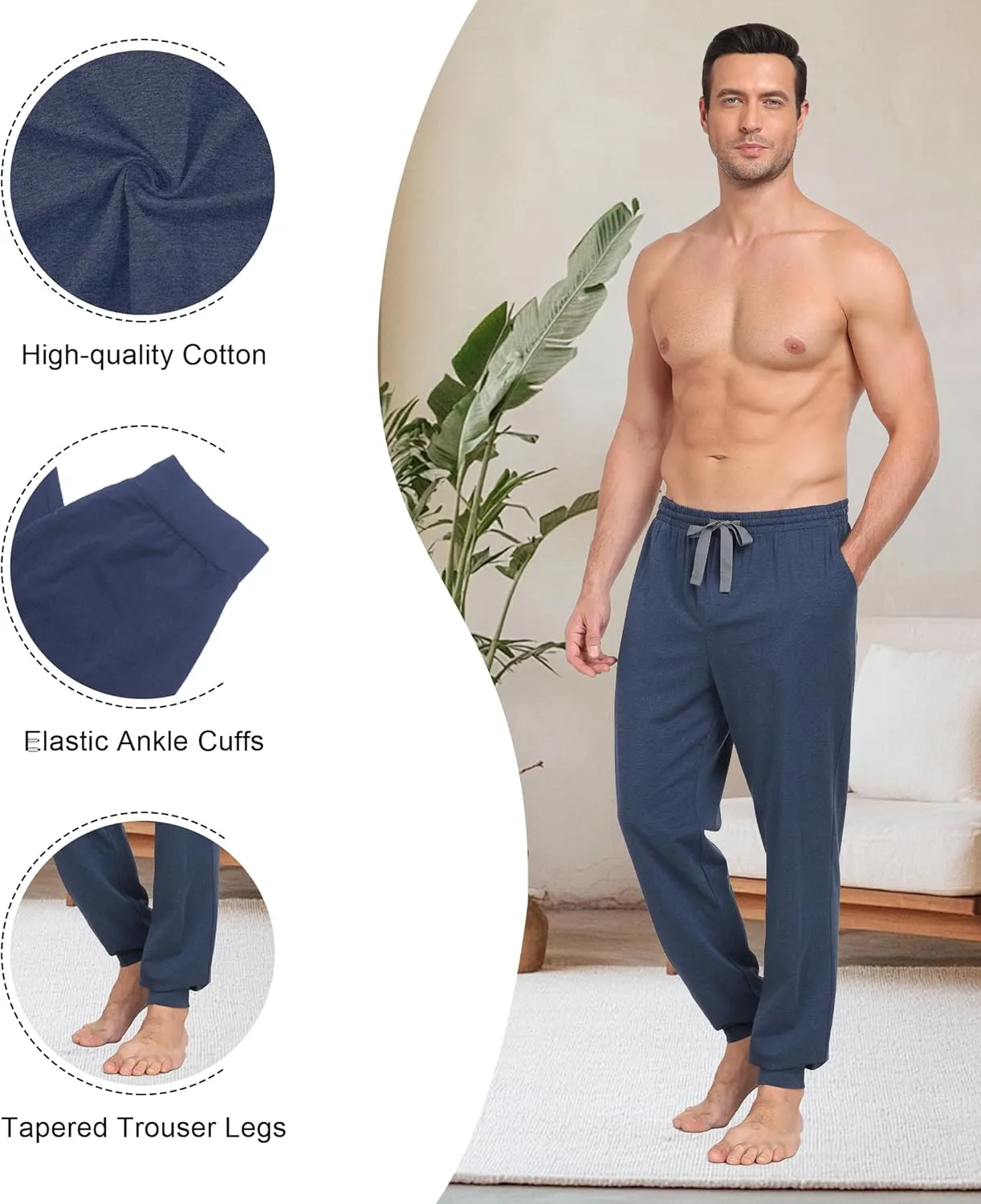 COLORFULLEAF Mens Cotton Pajama Pants Lightweight Jogger Pajama Bottoms Soft Lounge Pants with Pockets