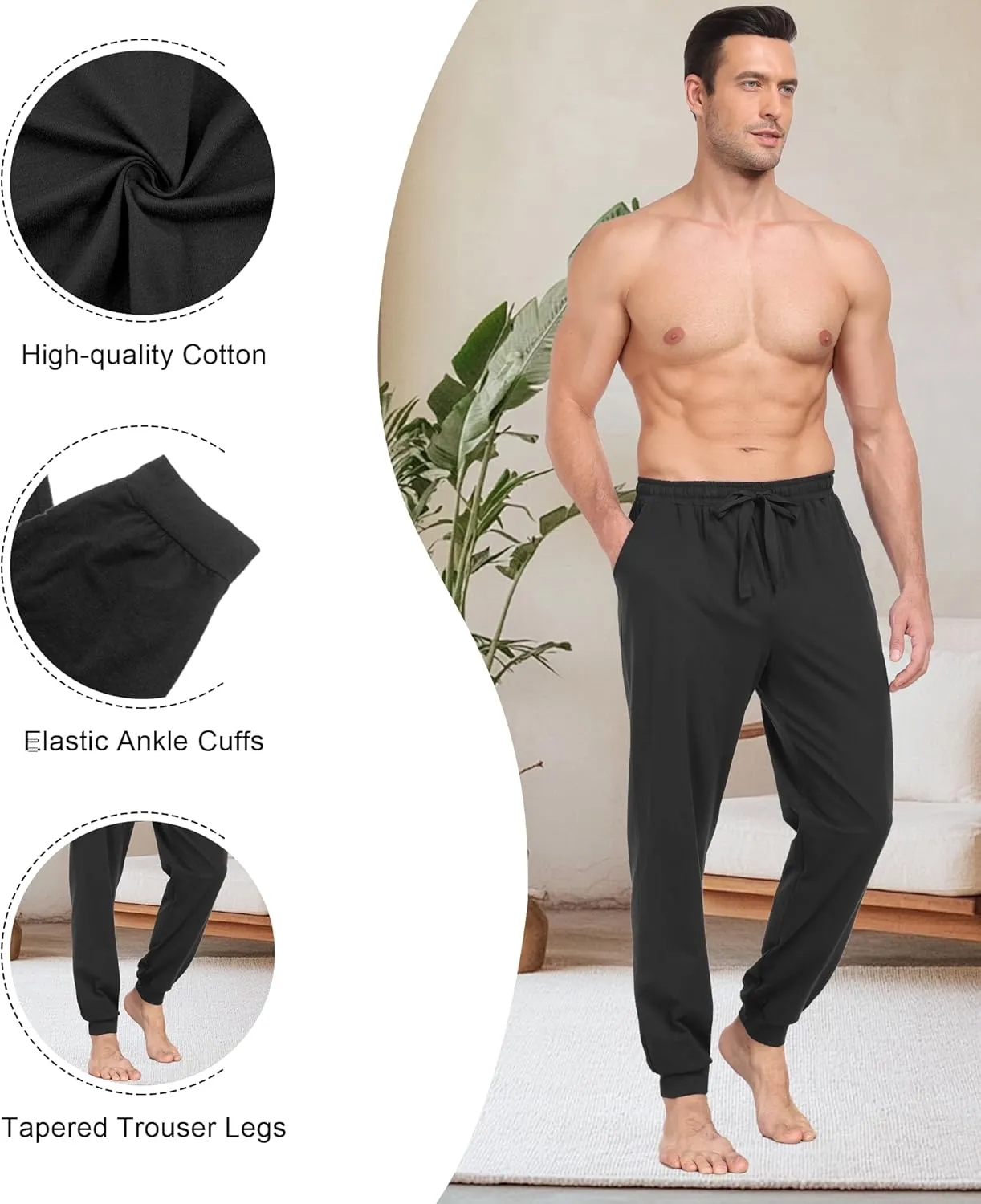 COLORFULLEAF Mens Cotton Pajama Pants Lightweight Jogger Pajama Bottoms Soft Lounge Pants with Pockets
