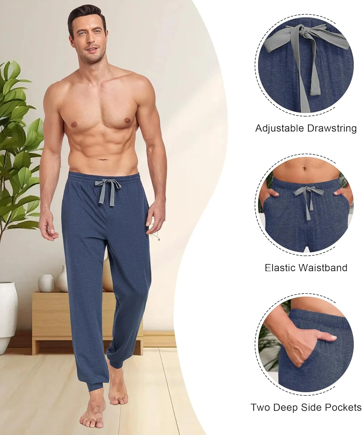 COLORFULLEAF Mens Cotton Pajama Pants Lightweight Jogger Pajama Bottoms Soft Lounge Pants with Pockets