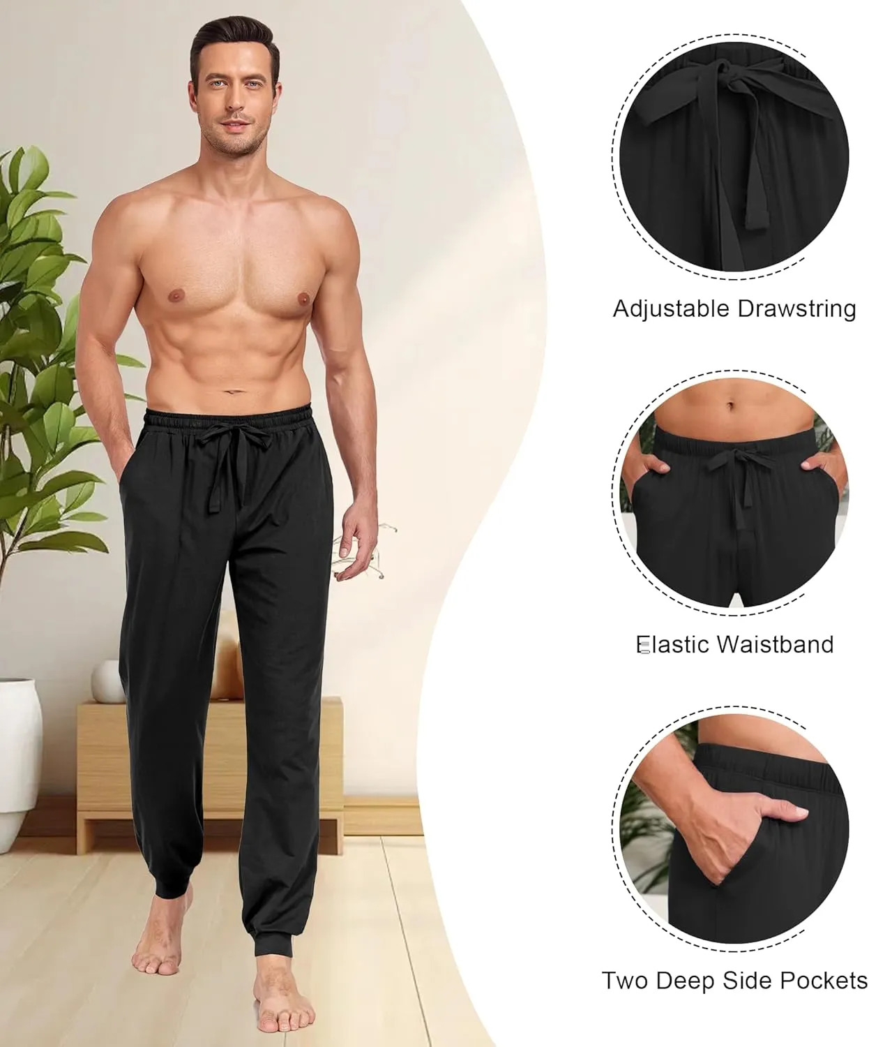 COLORFULLEAF Mens Cotton Pajama Pants Lightweight Jogger Pajama Bottoms Soft Lounge Pants with Pockets