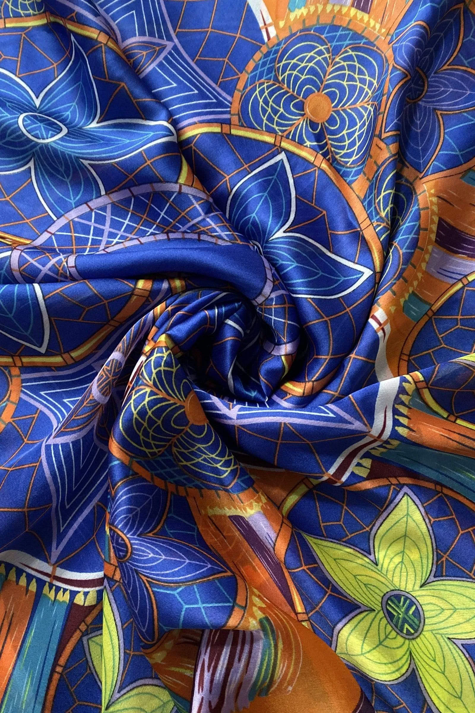 Colourful Floral Dream Catcher Silk Scarf in Blue and Black