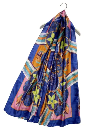 Colourful Floral Dream Catcher Silk Scarf in Blue and Black