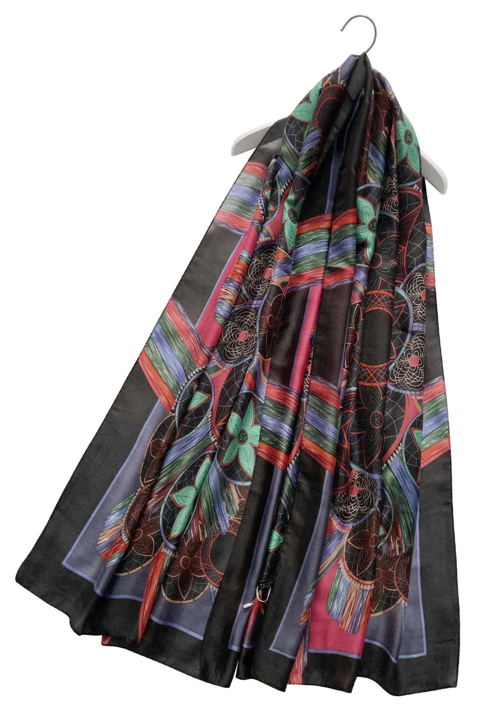 Colourful Floral Dream Catcher Silk Scarf in Blue and Black