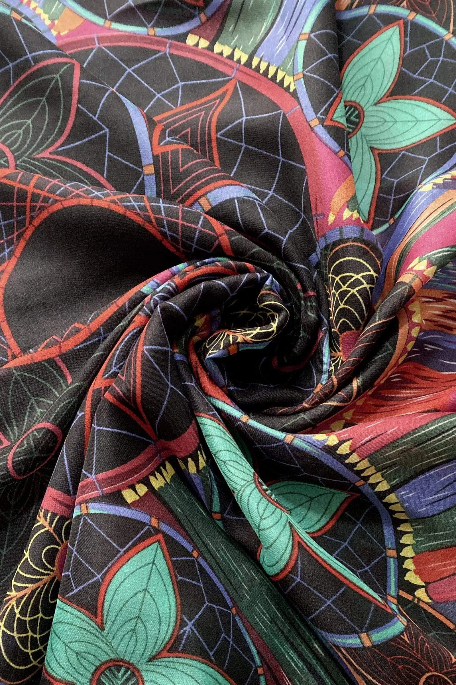 Colourful Floral Dream Catcher Silk Scarf in Blue and Black