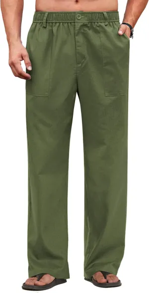 COOFANDY Men's Casual Linen Cotton Pants Elastic Waist Summer Beach Trousers Lightweight Yoga Vacation Pants