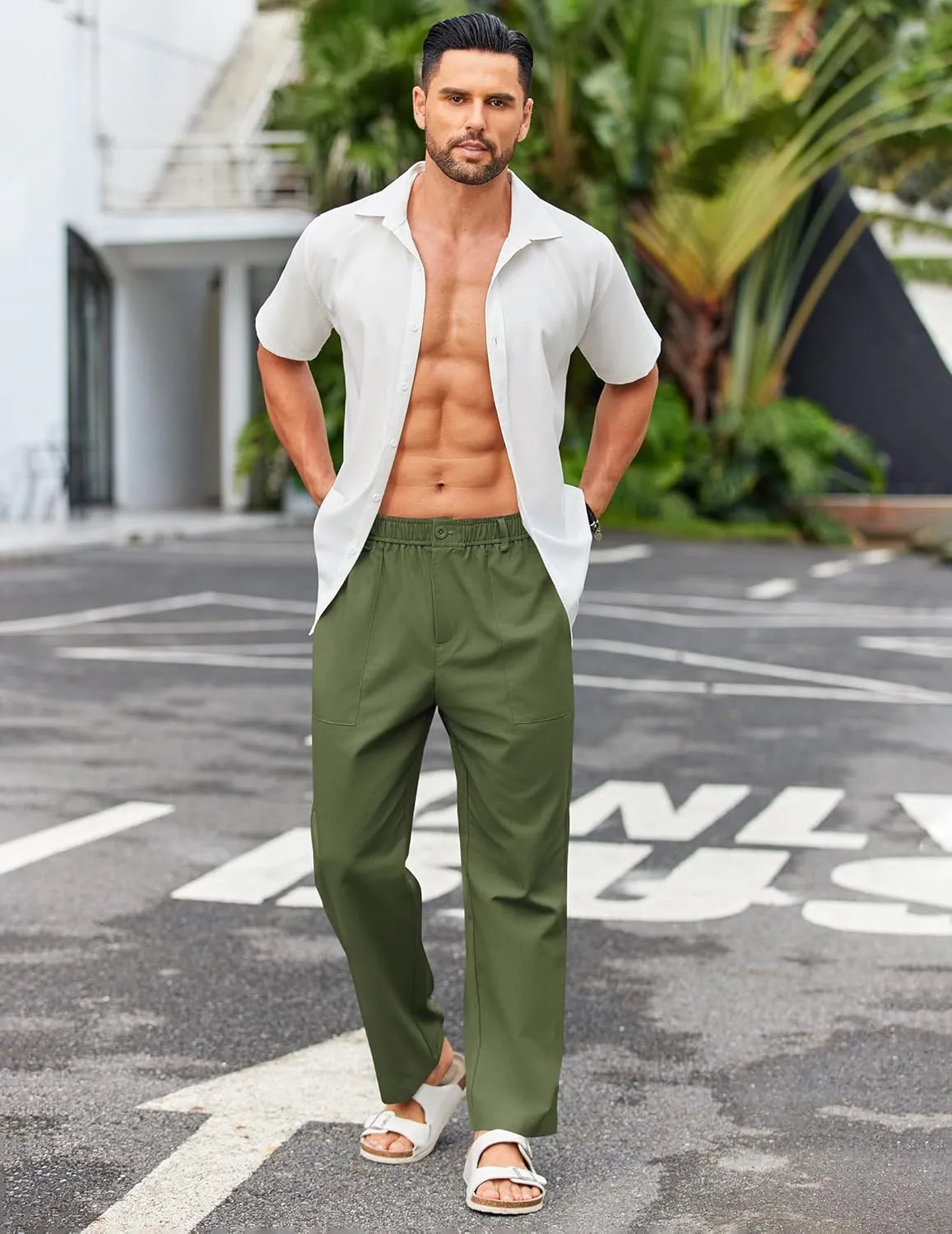 COOFANDY Men's Casual Linen Cotton Pants Elastic Waist Summer Beach Trousers Lightweight Yoga Vacation Pants