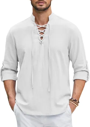 COOFANDY Mens Pure Cotton Retro Lace Up Renaissance Shirts Medieval Pirate Viking Top Linen Halloween Costume