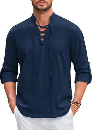 COOFANDY Mens Pure Cotton Retro Lace Up Renaissance Shirts Medieval Pirate Viking Top Linen Halloween Costume
