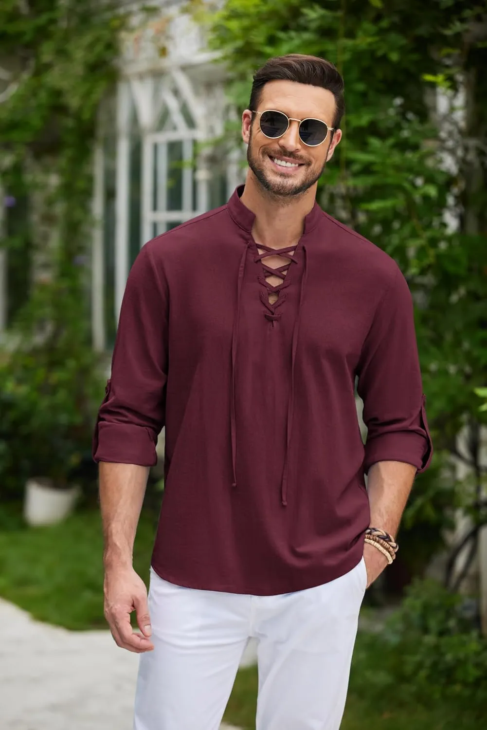 COOFANDY Mens Pure Cotton Retro Lace Up Renaissance Shirts Medieval Pirate Viking Top Linen Halloween Costume