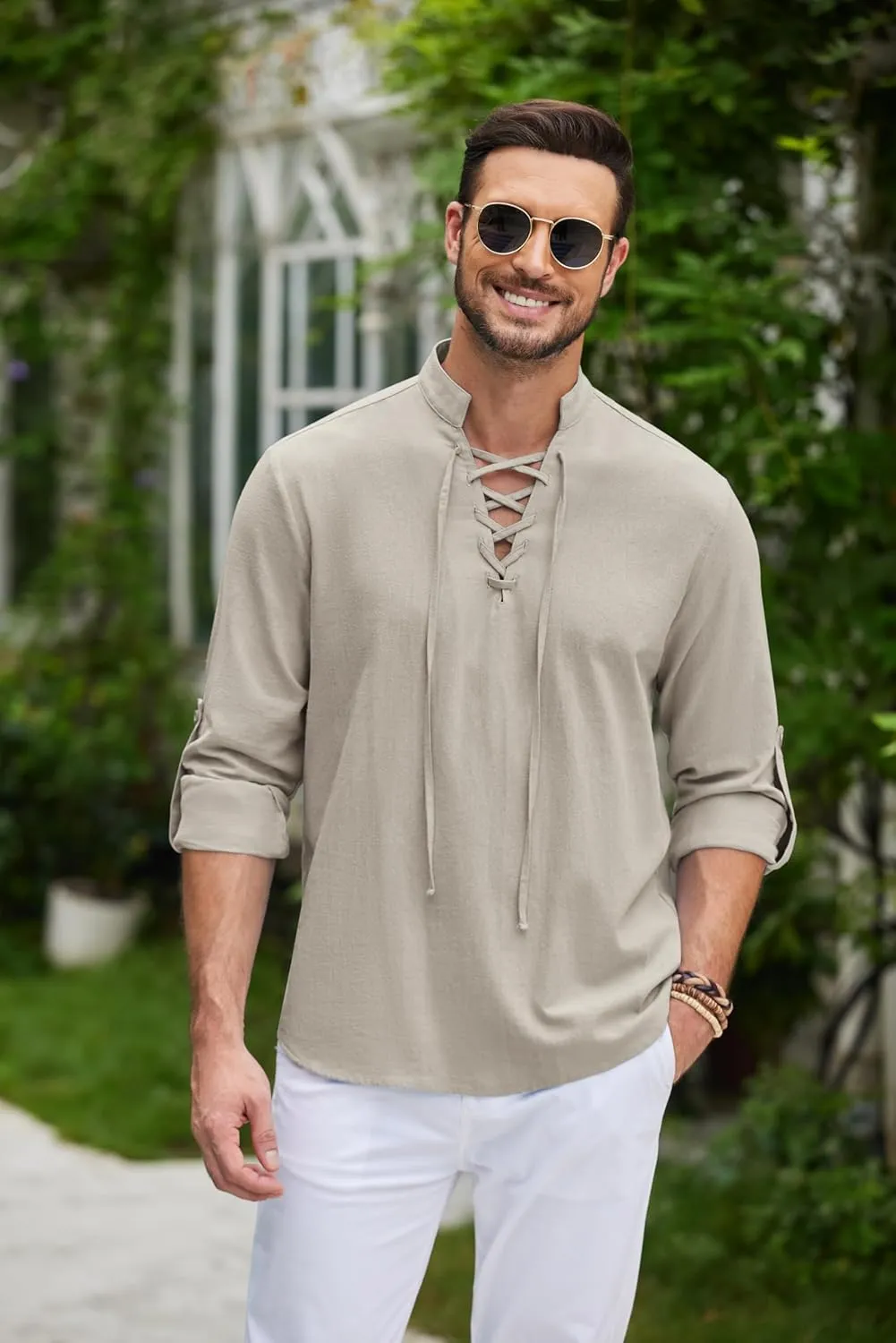 COOFANDY Mens Pure Cotton Retro Lace Up Renaissance Shirts Medieval Pirate Viking Top Linen Halloween Costume