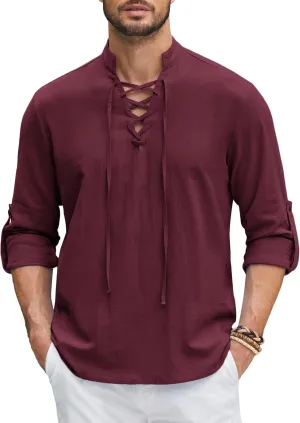 COOFANDY Mens Pure Cotton Retro Lace Up Renaissance Shirts Medieval Pirate Viking Top Linen Halloween Costume