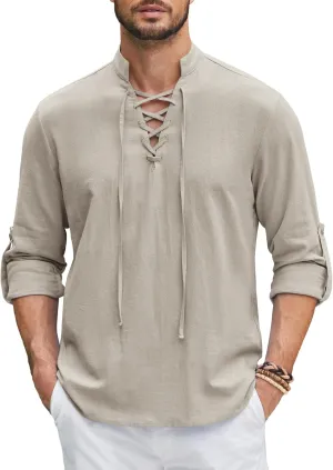 COOFANDY Mens Pure Cotton Retro Lace Up Renaissance Shirts Medieval Pirate Viking Top Linen Halloween Costume