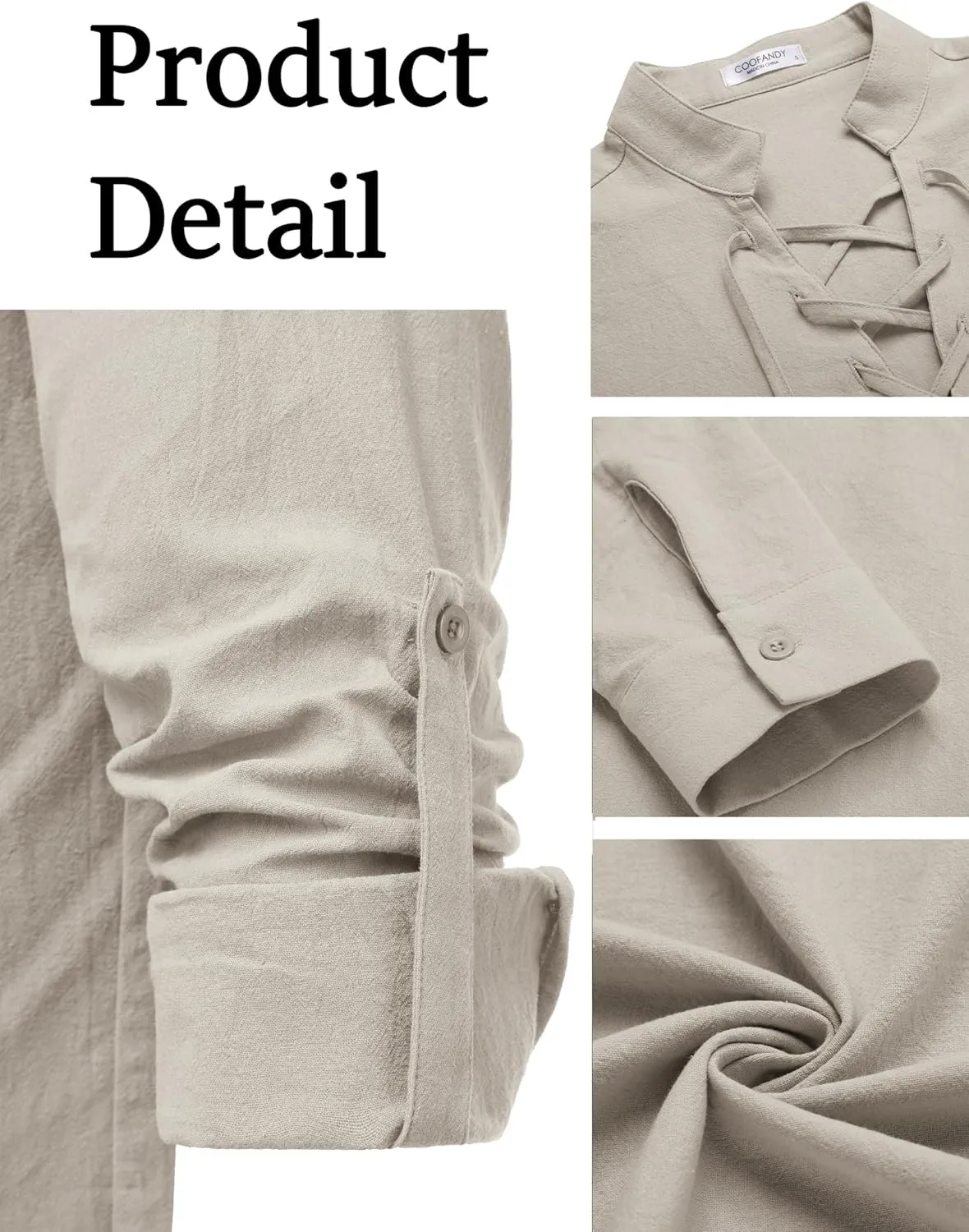COOFANDY Mens Pure Cotton Retro Lace Up Renaissance Shirts Medieval Pirate Viking Top Linen Halloween Costume