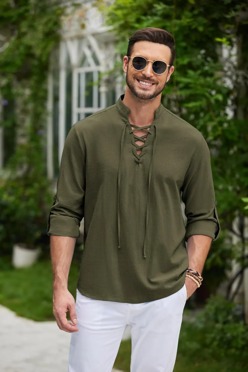 COOFANDY Mens Pure Cotton Retro Lace Up Renaissance Shirts Medieval Pirate Viking Top Linen Halloween Costume