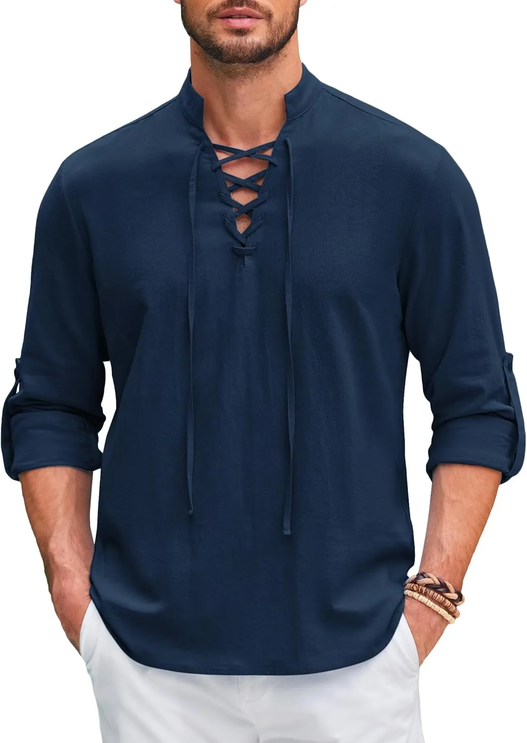 COOFANDY Mens Pure Cotton Retro Lace Up Renaissance Shirts Medieval Pirate Viking Top Linen Halloween Costume