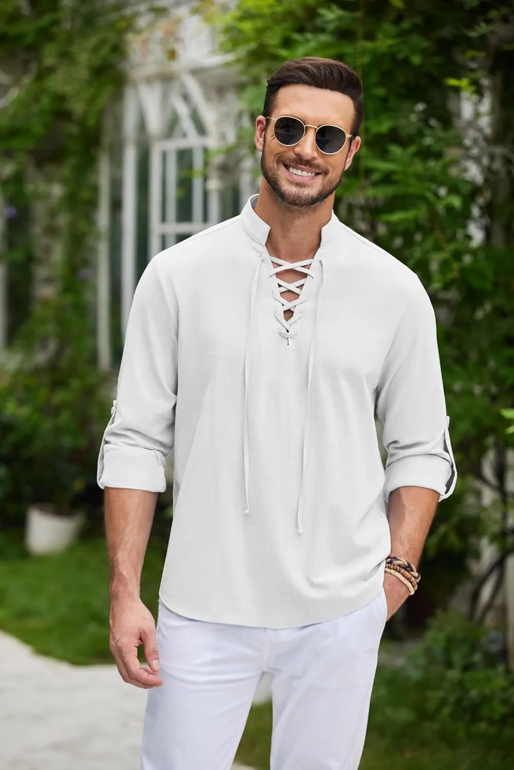 COOFANDY Mens Pure Cotton Retro Lace Up Renaissance Shirts Medieval Pirate Viking Top Linen Halloween Costume