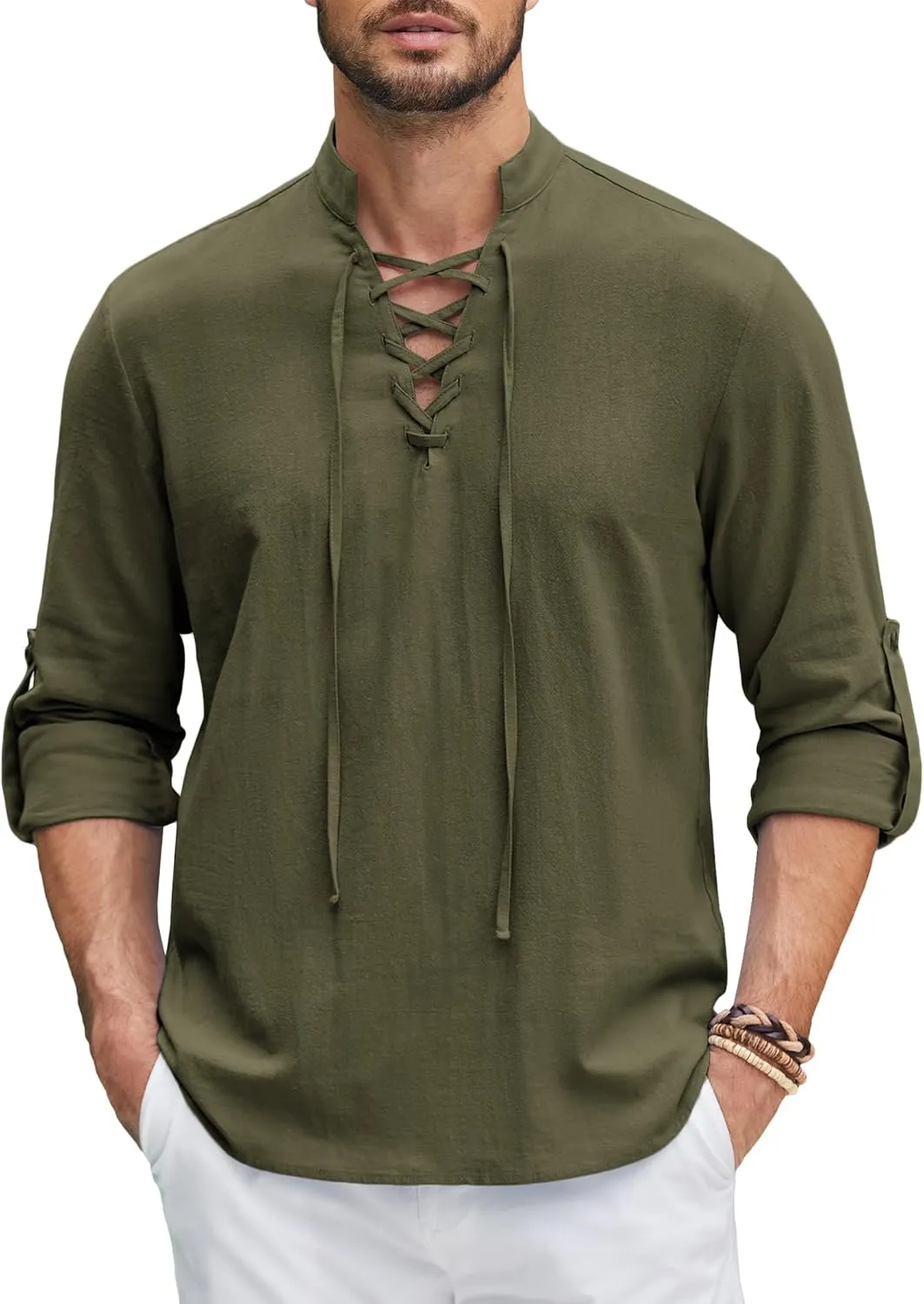 COOFANDY Mens Pure Cotton Retro Lace Up Renaissance Shirts Medieval Pirate Viking Top Linen Halloween Costume