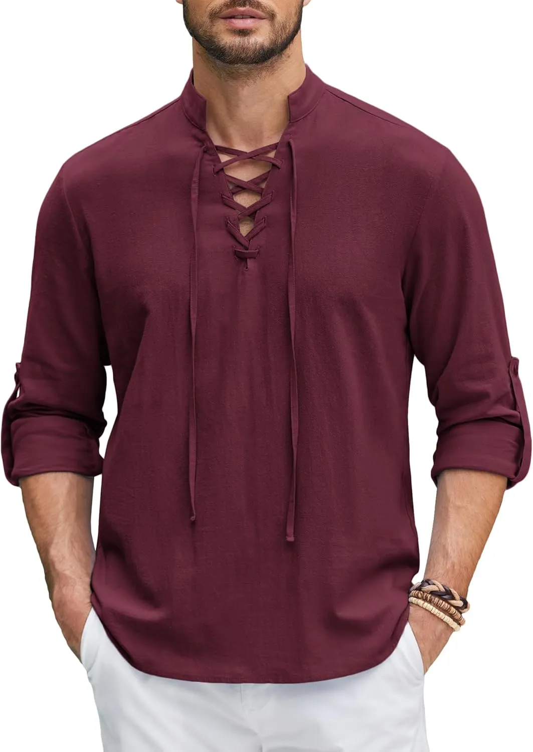 COOFANDY Mens Pure Cotton Retro Lace Up Renaissance Shirts Medieval Pirate Viking Top Linen Halloween Costume