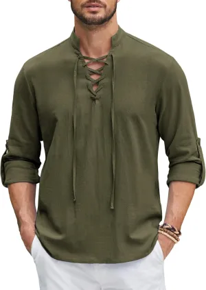 COOFANDY Mens Pure Cotton Retro Lace Up Renaissance Shirts Medieval Pirate Viking Top Linen Halloween Costume