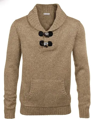 COOFANDY Men's Shawl Collar Pullover Sweater Relaxed Fit Casual Cotton Cable Knit Sweaters with Pockets