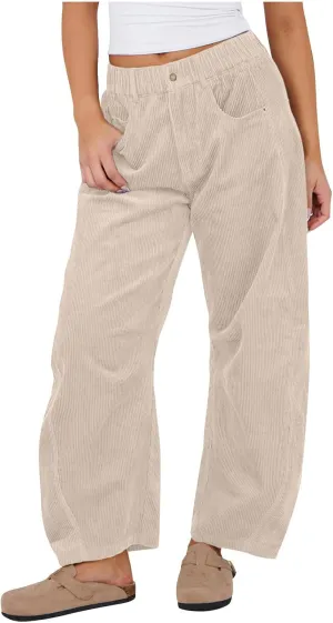 Corduroy Pants for Women Casual Straight Leg High Waist Loose Long Pants Solid Color Comfy Baggy Trousers with Pockets