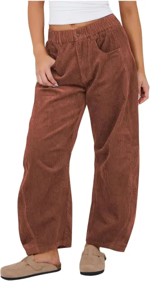Corduroy Pants for Women Casual Straight Leg High Waist Loose Long Pants Solid Color Comfy Baggy Trousers with Pockets