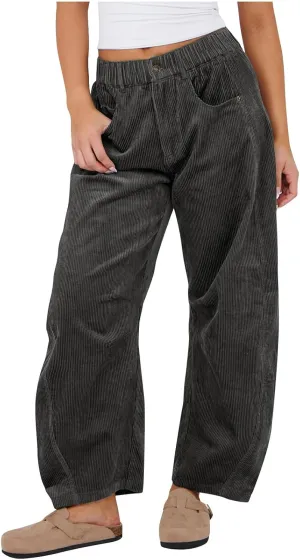 Corduroy Pants for Women Casual Straight Leg High Waist Loose Long Pants Solid Color Comfy Baggy Trousers with Pockets