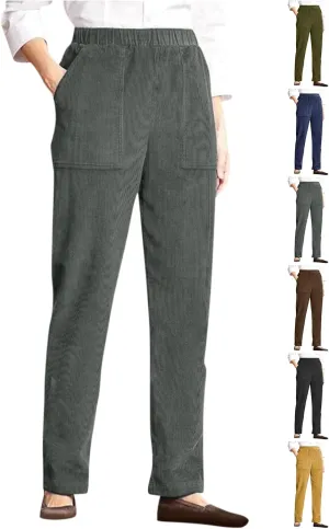 Corduroy Pants Women Vintage Comfy Straight Leg Elastic Waist Pants Casual Pants Trousers with Pockets 2024
