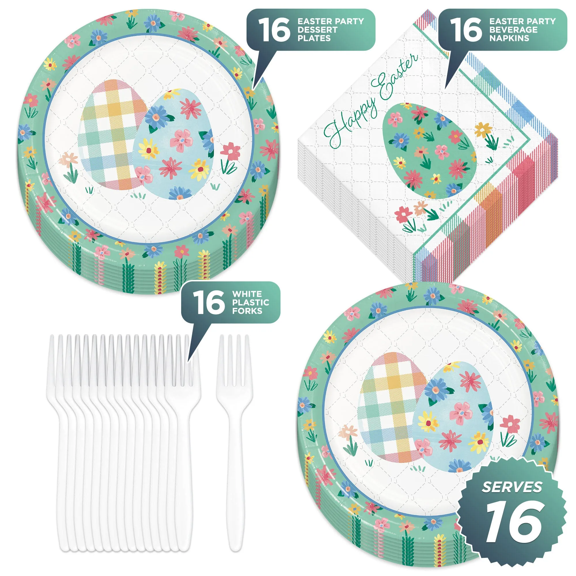 Cottage Floral & Plaid Easter Bunny Paper Dessert Plates, Beverage Napkins, and Forks