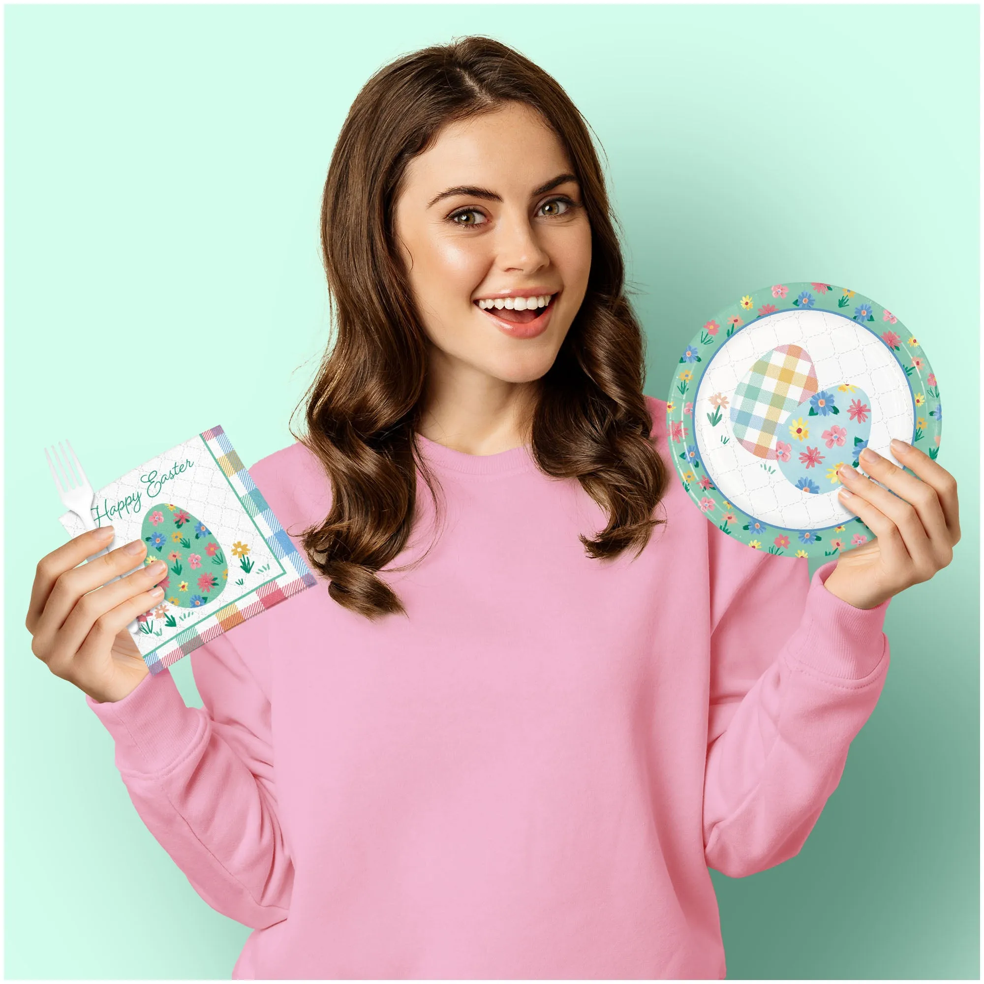 Cottage Floral & Plaid Easter Bunny Paper Dessert Plates, Beverage Napkins, and Forks