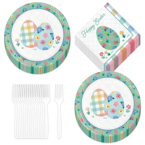 Cottage Floral & Plaid Easter Bunny Paper Dessert Plates, Beverage Napkins, and Forks