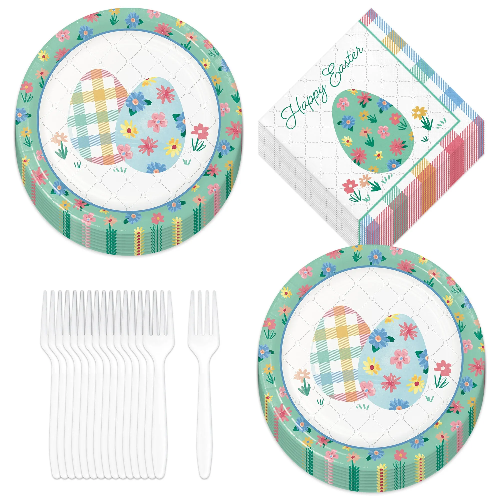 Cottage Floral & Plaid Easter Bunny Paper Dessert Plates, Beverage Napkins, and Forks